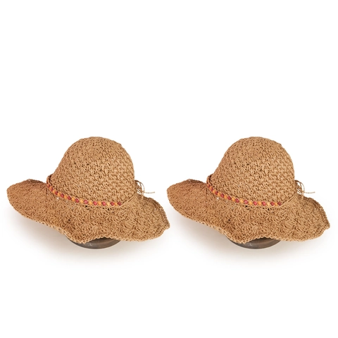 Wide Brim Straw Hat Women Paper Woven Sun Protection Foldable Beach Cap With Multicolored Beads Bow Knot Boho Style