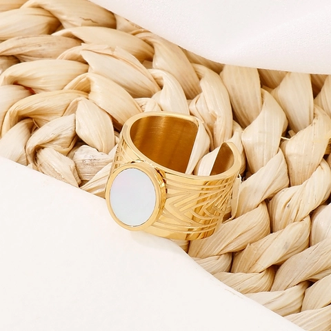Vintage Wide Band Open Ring Gold Plated Stainless Steel Geometric Textured White Shell Inlay Adjustable Jewelry For Women