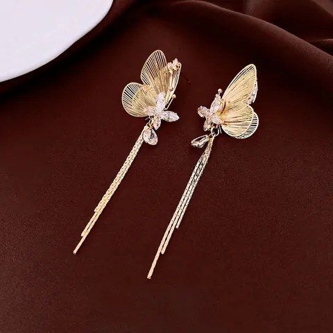 Orecchini A Nappa Farfalla Placcati Oro 18K Rame Con Perno In Argento Zircone Pendenti Lunghi Lusso Elegante Per Donna