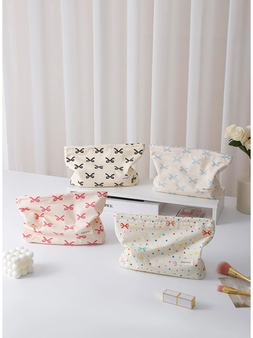 Borsa Per Trucco In Tela Con Stampa A Fiocco Fresca E Dolce Cotone Pochette Da Viaggio Portatile Con Cerniera Per Donne