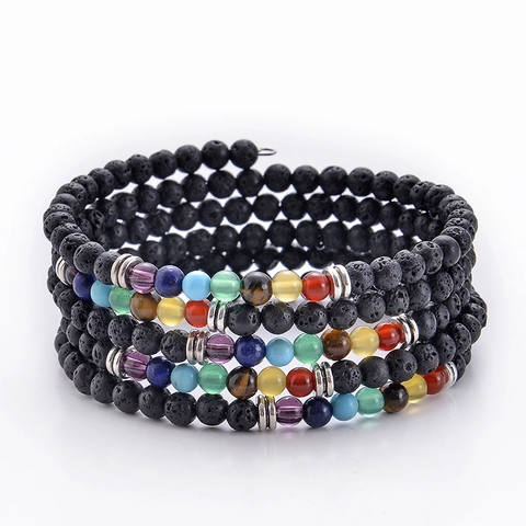 Bracciale Avvolgente In Pietra Lavica Nera Sette Chakra Boho Yoga Perline Gioielli In Pietra Multistrato Per Donne Uomini
