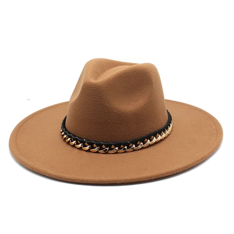 Chapeau Fedora Vintage En Laine Bord Large Plat Design Heart Top Jazz Cap Avec Chaîne En Métal Doré Et Cuir Noir