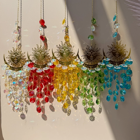Crystal Sun Catcher Metal Sun Moon Face Hanging Ornament Window Rainbow Maker Indoor Outdoor Home Garden Decor
