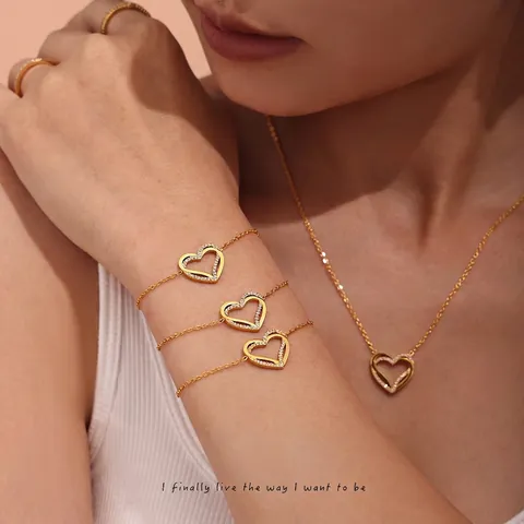 Stainless Steel Double Layer Heart Pendant Necklace Bracelet For Women Luxury Zirconia Inlaid Gold Silver Plated Jewelry Accessories Gift