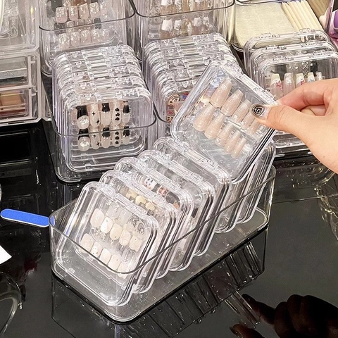 Transparent Acrylic Storage Box Jewelry Display Case Dustproof Organizer For Badges Press-on Nails Portable Small Square