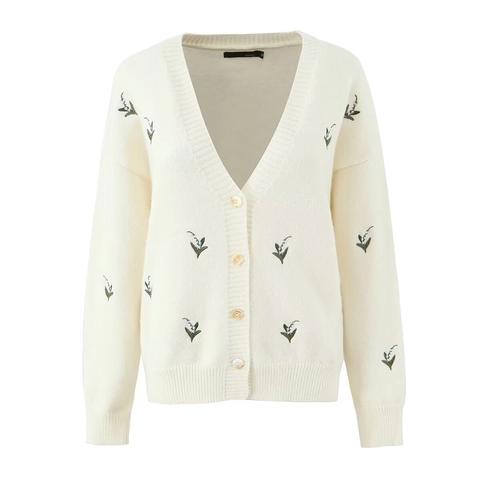 Cárdigan De Punto Y Falda Midi Estilo Francés Elegante Bordado Lirio De Los Valles Cuello En V Manga Larga Ropa Casual Mujer