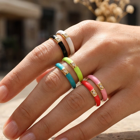 18K Gold Plated Copper Colorful Enamel Open Ring For Women Minimalist Drip Oil Geometric Zirconia Adjustable Finger Ring