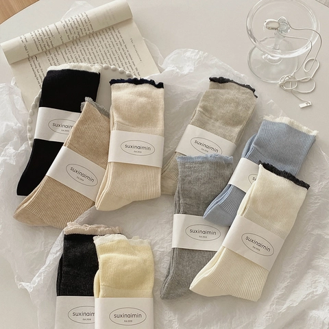 Women Cotton Slouch Socks Lettuce Edge Ribbed Knit Contrast Color Japanese Style Mid Calf Socks Soft Breathable