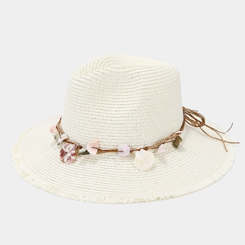Women Straw Sun Hat With Natural Shell Decor Wide Brim Frayed Edge Summer Beach Vacation Bohemian Style Fedora