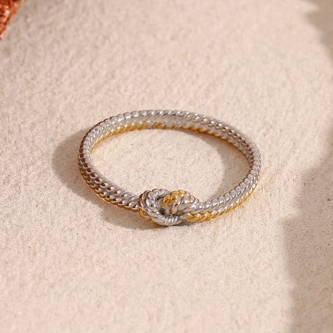 Twisted Rope Knot Ring 18K Gold Plated Stainless Steel Two-Tone Geometric Textured Finger Jewelry For Women