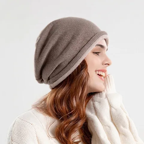 Women Slouchy Beanie Hat Knitted Acrylic Winter Warm Windproof Rolled Edge Solid Color Korean Style Outdoor Cold Cap