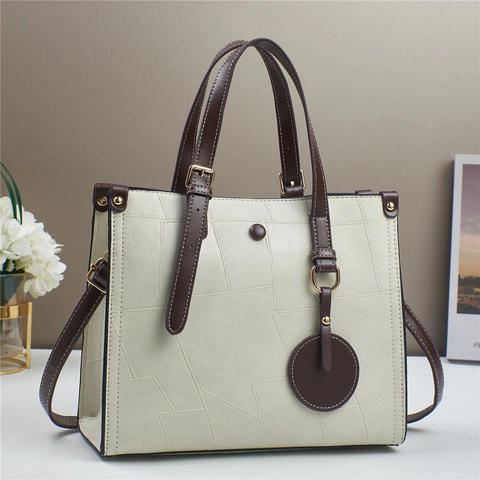 Γυναικεία Vintage Τσάντα Tote Από Δέρμα PU Μεγάλη Χωρητικότητα Γεωμετρικό Patchwork Τσάντα Ώμου Με Κυκλικό Μενταγιόν