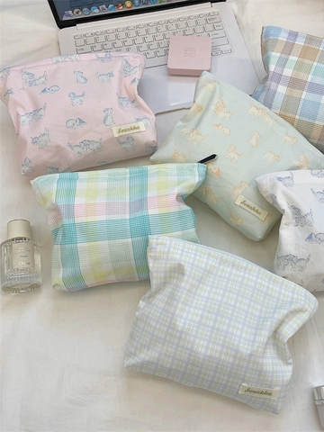 Large Capacity Polyester Canvas Makeup Bag Travel Toiletry Storage Pouch Cute Cat Print And Plaid Design For Women