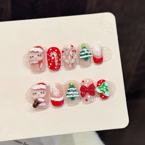 Christmas Press On Nails 3D Handmade Reusable False Nail Tips Red Bow Christmas Tree Design Holiday Festive Accessory For Women
