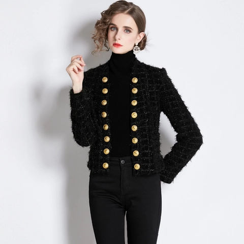 Women Black Tweed Jacket With Gold Buttons Slim Fit Elegant Short Coat Shimmer Textured Polyester Outerwear