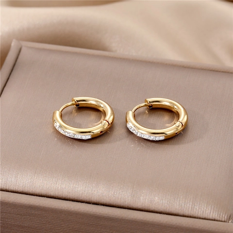 Stainless Steel Hoop Earrings With Zirconia Rhinestone And Round Beads Geometric Minimalist Neutral Huggies For Unisex