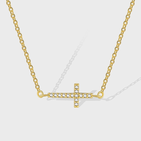 Seitliche Kreuz Anhänger Halskette Vergoldetes Kupfer Mikro Pave Zirkonia Elegant Minimalistisch Schmuck Geschenk Für Damen
