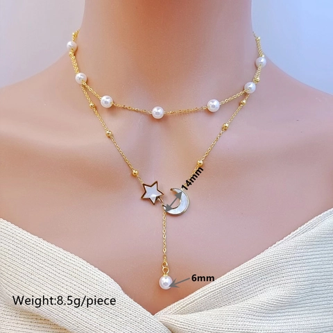 Gioielli Stella Luna Collana Bracciale Orecchini Cavigliera Acciaio Inossidabile Doppio Strato Perla Artificial Elegante Donne