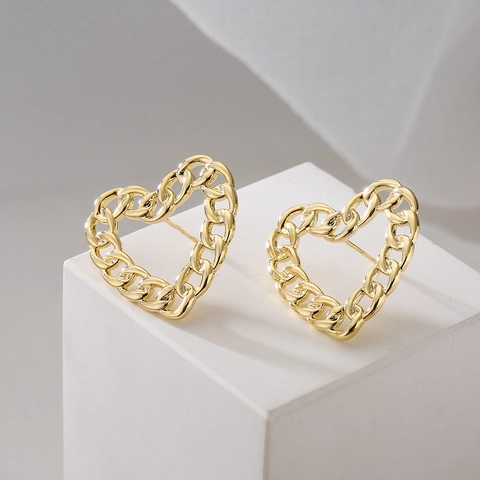 Orecchini A Lobo Cuore Vuoto Con Perno In Argento 925 Rame Placcato Oro 18K Trama Catena Stile Retrò Donna