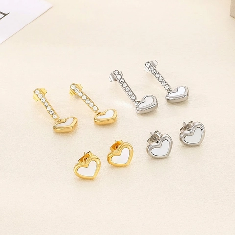 Elegant Heart Shaped Earrings For Women Stainless Steel Rhinestone Inlay Shell Detail Fashion Dangle Stud Jewelry