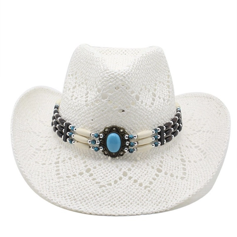 Cappello Da Cowboy In Paglia Western Traspirante Traforato A Tesa Larga Protezione Solare Estiva Spiaggia Vacanze Bohemien Perla Turchese