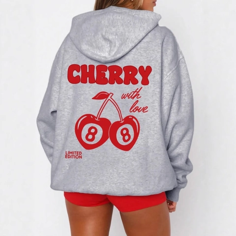 Men Hoodie Pullover Polyester Fleece Cherry Print With Love Graphic Kangaroo Pocket Drawstring Streetwear Unisex