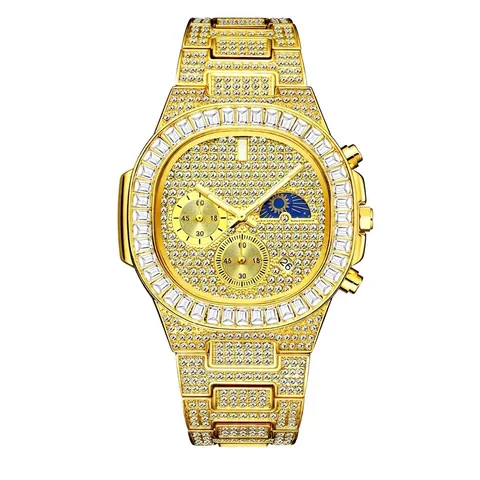 Orologio Lusso Quarzo Uomo Iced Out Zircone Cristallo Fasi Lunari Cronografo Data Hip Hop Moda Acciaio Inossidabile Impermeabile