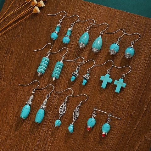 Retro Turquoise Drop Dangle Earrings Bohemian Ethnic Style Alloy Jewelry Accessories For Women Birthday Gift