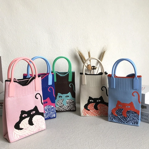 Mini Bolso De Punto Patrón De Gato De Dibujos Animados Poliéster Color De Contraste Retro Estilo Coreano Bolso De Mano