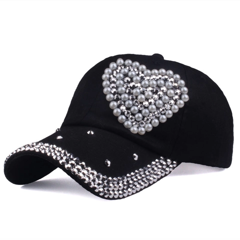 Gorra De Béisbol Mujer Algodón Denim Corazón Perla Artificial Rhinestone Ajustable Protección Solar Verano Exterior Moda Sombrero