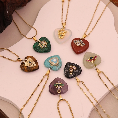 Collana Con Pendente A Cuore In Pietra Naturale Acciaio Inossidabile Placcato Oro Occhio Del Diavolo Per Donne