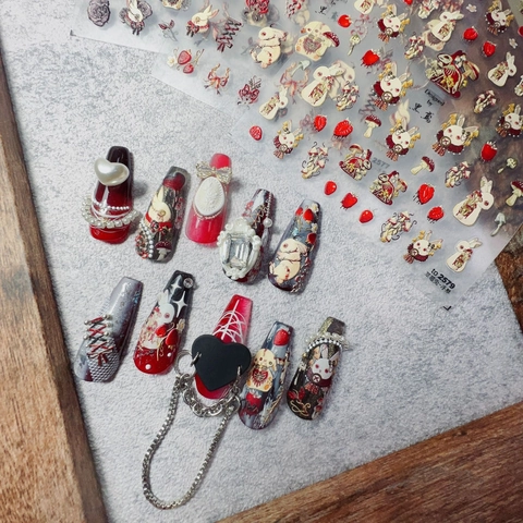 Autocollants Ongles Relief 3D Lapin Fraise Champignon Style Gothique Sombre Décoration Manucure Vintage Accessoire DIY