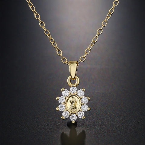 Maagd Maria Guadalupe Religieuze Hanger Ketting Koper Micro Ingelegd Witte Zirconia Zonnebloem Sieraden Vrouwen