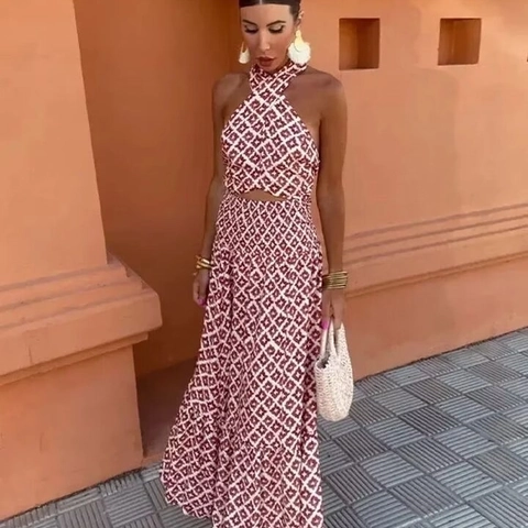 Sexy Haltertop Voor Dames En Lange Rok Met Geometrische Print Polyester Zomervakantie Outfit
