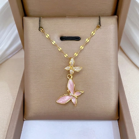 Rosa Emaille Schmetterling Anhänger Halskette Edelstahl Vergoldet Zirkonia Elegante Mode Schmuck Für Damen