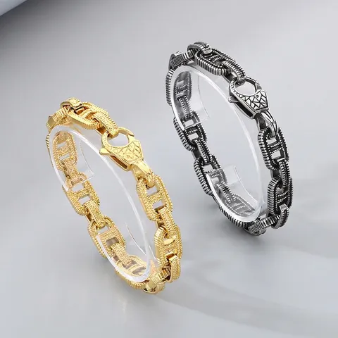 Men Vintage Distressed Titanium Steel Patterned Link Chain Bracelet Industrial Punk Style Gothic Jewelry Accessories
