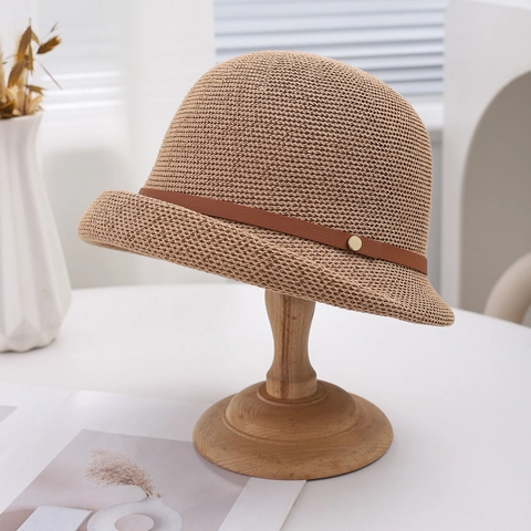 Women Bucket Hat Breathable Woven Knit Sun Protection Outdoor Summer Fisherman Hat With Leather Strap Elegant