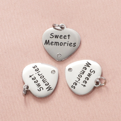 Dije Corazón Acero Inoxidable Grabado Sweet Memories Con Rhinestone Para Creación Joyas DIY Accesorio Pulido