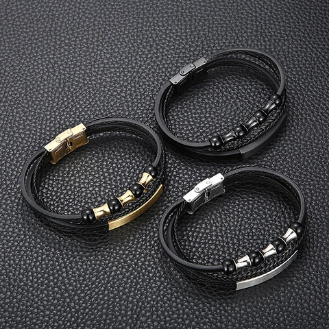 Bracciale In Pelle Intrecciata Multistrato Con Chiusura Magnetica In Acciaio Inossidabile Perline Punk Gioielli Uomo