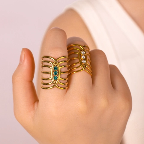 Vintage Wide Band Ring Multi Layer Hollow Geometric Stainless Steel 18K Gold Plated Zircon Inlaid Adjustable For Women
