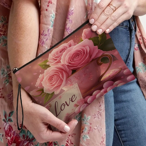 Valentine Rose Floral Print Cosmetic Bag Fine Linen Zipper Makeup Pouch Travel Toiletry Organizer Portable Wristlet Handle