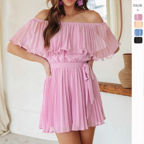 Tuta Pieghettata Con Spalle Scoperte Poliestere Con Cintura Manica Corta Vacanze Estive Casual Pagliaccetto Per Donne