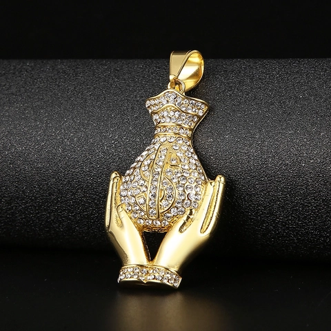 Hip Hop Geldtas Hanger Ketting Met Handen Die Dollar Teken Vasthouden Roestvrij Staal Strass Heren