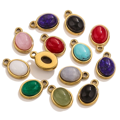 Oval Natural Stone Charms Gold Plated Metal Bezel Pendants For DIY Jewelry Making Necklaces Bracelets Earrings Crafting