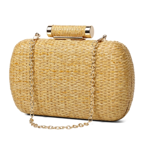 Elegante Borsa Da Sera In Paglia Intrecciata Pochette Donna Scatola Rigida Con Catena In Metallo Vintage Party