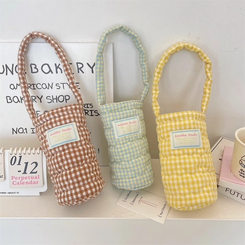 Quilted Gingham Water Bottle Holder Bag Padded Cotton Portable Cup Sleeve Thermal Insulation Tote For Outdoor Travel