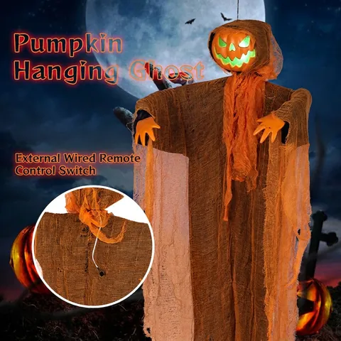 Halloween Hängende Kürbis Geist Dekoration Glühende Rotierende Kopf Mit Ton Gruselige Gaze Requisite Spukhaus Draußen