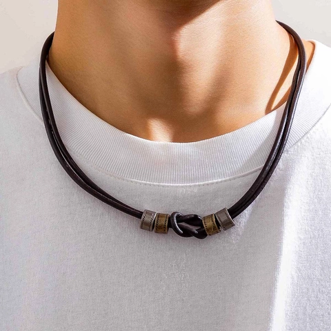 Leather Cord Necklace With Alloy Beads Retro Minimalist Knot Design Men Jewelry