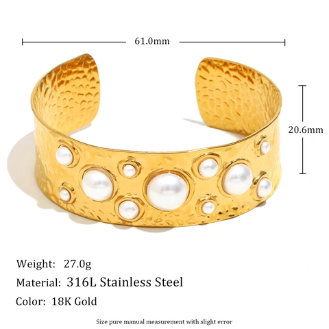 Gehamerd Roestvrijstalen Brede Manchetarmband Met Kunstparels 18K Verguld Open Armring Vintage Sieraden Voor Dames