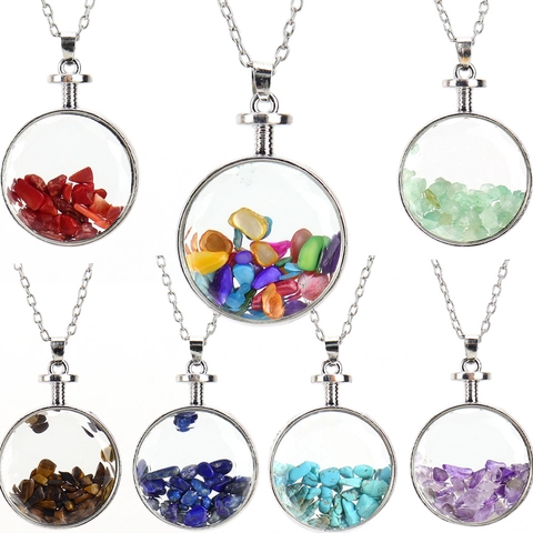 Natürliche Bruchstein Wunschflasche Anhänger Halskette Glas Rund Poliert Kristall Edelstein Schmuck Für Damen